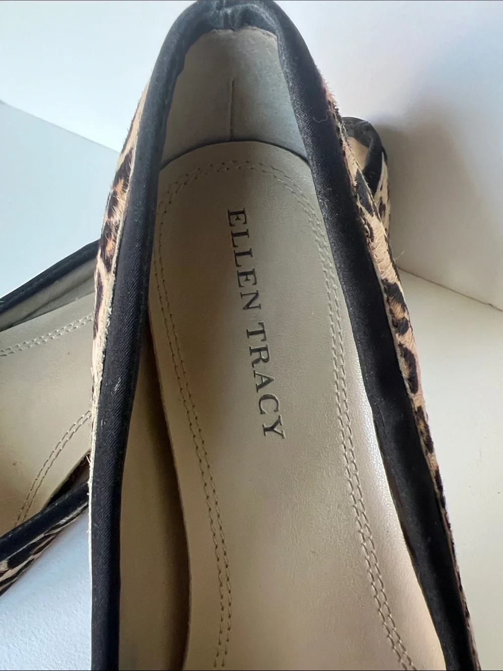 Ellen Tracy Leopard-Print Pointed-Toe Flats with Black Bow